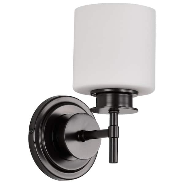 SATCO Warren 5 in. 1-Light Gun Metal Transitional Vanity Light with Satin White Glass Shade