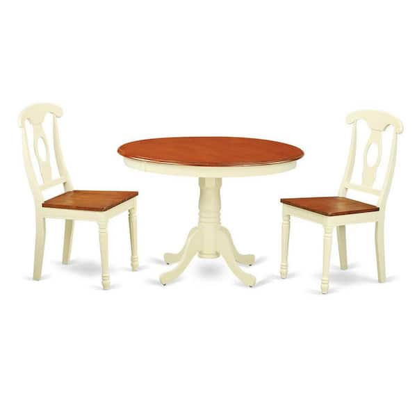 East West Furniture 3-Piece Round Buttermilk and Cherry Finish Solid Wood Top Dining Table with 2 Chairs with Lattice Back