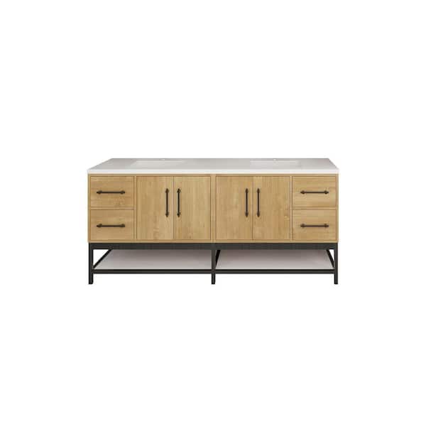 Victoria 71 in. W x 20 in. D x 35 in. H Double Sink Freestanding Frame Bath Vanity in Oak with White Acrylic Top