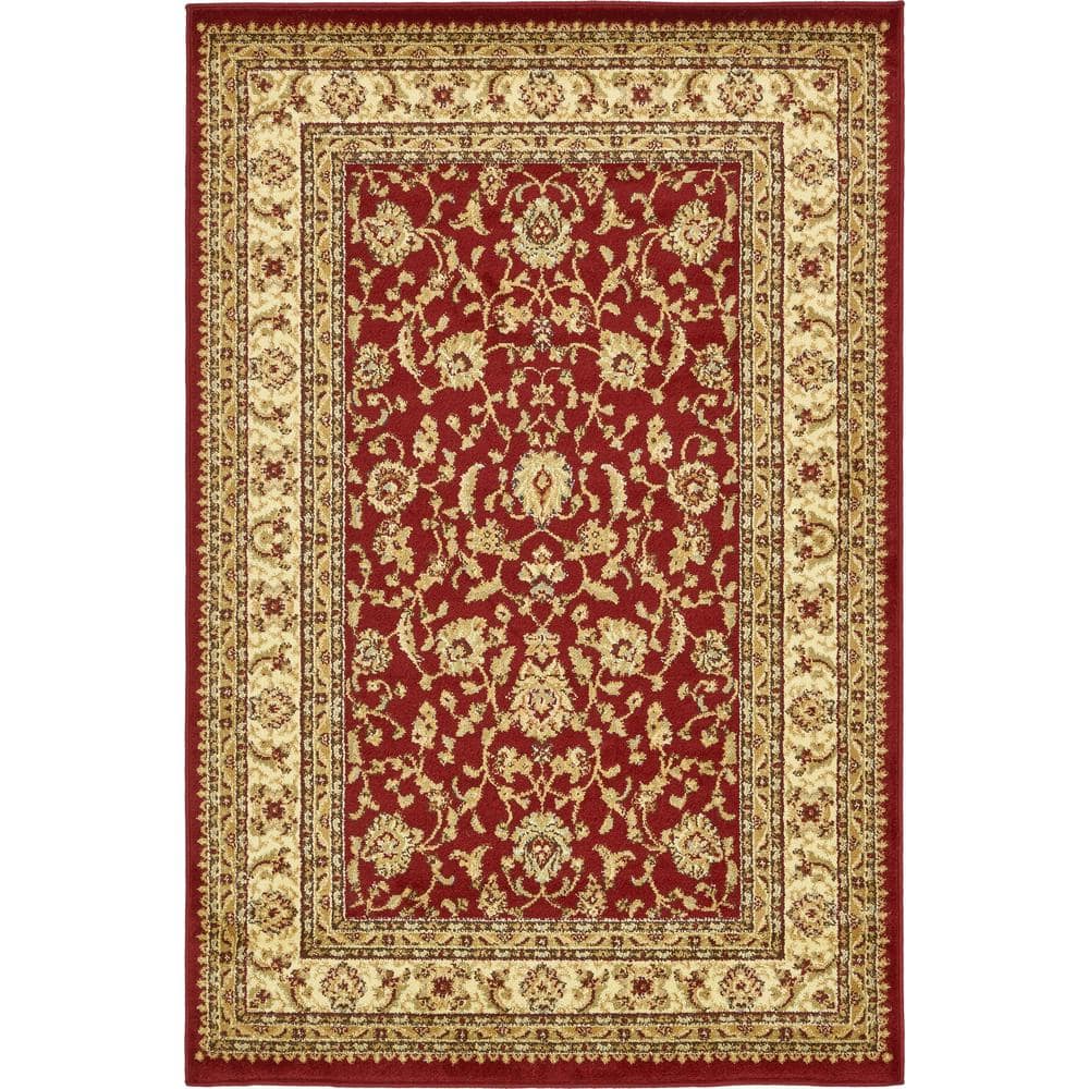 Red and Gold Rectangular Floral Synthetic Area Rug 4' x 6'