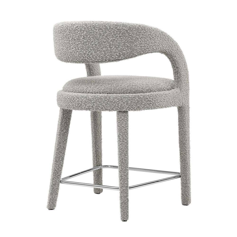 Taupe Silver Boucle Upholstered Counter Stools with Metal Legs, Set of 2