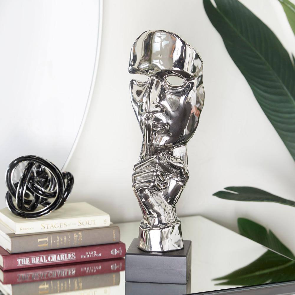 Silver Porcelain Contemporary Mask Statue with MDF Base