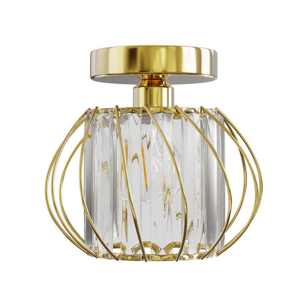 YANSUN 7 in. 1-Light Modern Gold Crystal Semi Flush Mount Ceiling Light ...