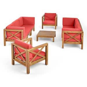 Brava Teak Brown 9-Piece Wood Patio Conversation Seating Set with Red Cushions