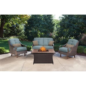 Ventura 4-Piece All-Weather Wicker Patio Conversation Set with Tile-Top Fire Pit with Ocean Blue Cushions