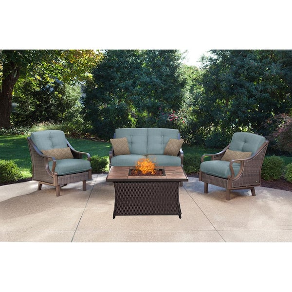 Hanover Ventura 4-Piece All-Weather Wicker Patio Conversation Set with Tile-Top Fire Pit with Ocean Blue Cushions