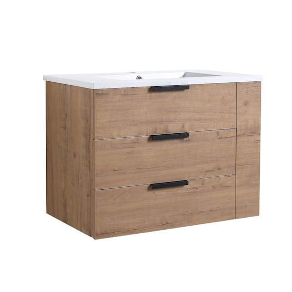 Boosicavelly 30.00 in. W x 18.30 in. D x 22.40 in. H Single Sink Wall Mounting Bath Vanity in Imitative Oak with White Resin Top