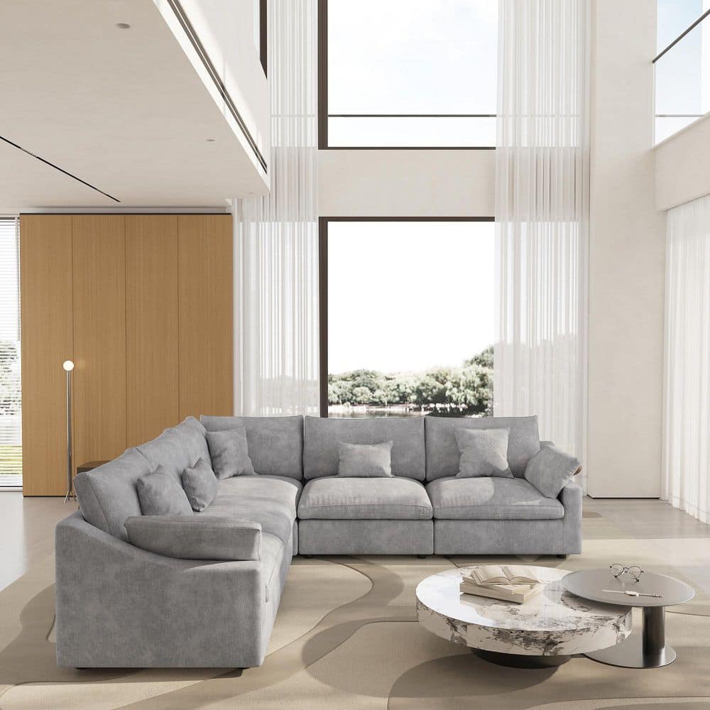 119.3 in. Slope Arm 5-Piece Linen Down Feather Modular Free Combination Sofa with Removable Covers in Gray