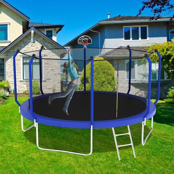 14 ft. Outdoor Reinforced Trampoline with Enclosure Net and Basketball Hoop