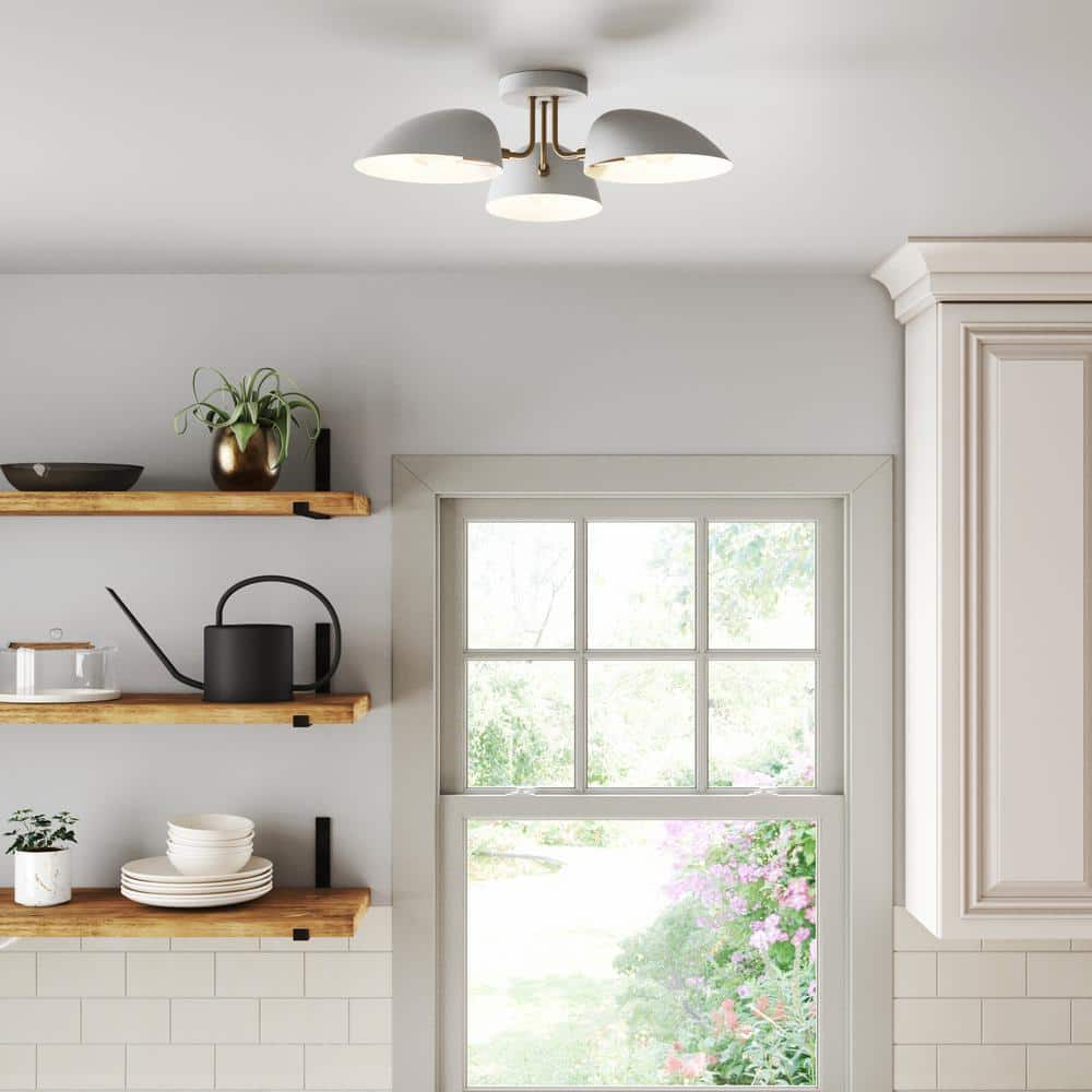 White and Brass 3-Light Semi Flush Ceiling Mount Fixture