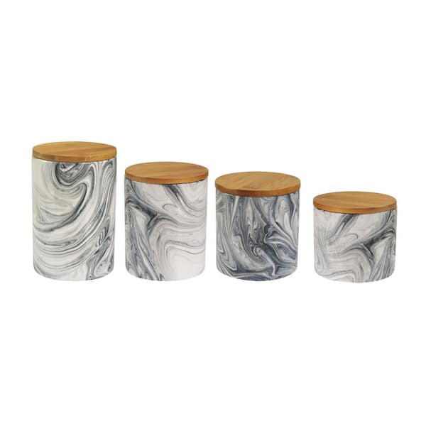Elle Decor 4-Piece Marble Gray Stoneware Canister Set with Wood Lid