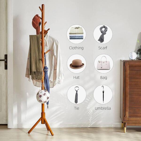 Freestanding Coat Tree Brown Solid Wood Umbrella Stand with 3