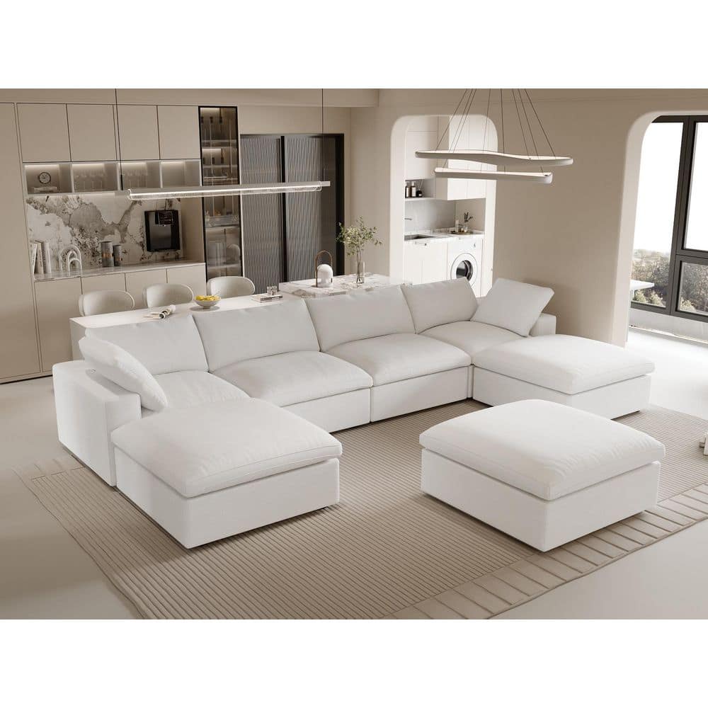 157.3 in. Square Arm 6-Piece Oversized Linen Free Combination Modular Sectional Sofa with Removable Covers in White