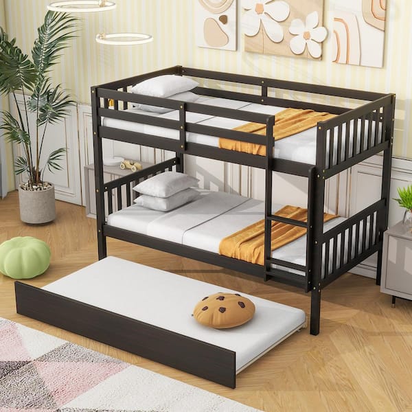 Harper & Bright Designs Espresso Twin Over Twin Wood Bunk Bed with Trundle And Ladder