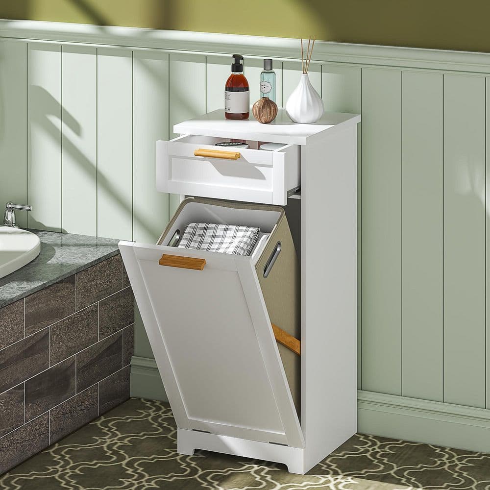 White MDF 15.7 in. Sideboard 2 in 1 Trash Bin Cabinet, Compact Tilt-Out Accent Storage Cabinet w/Bonus Collapsible Bin