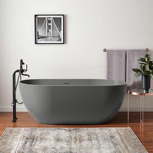 59 in. x 29.5 in. Solid Surface Stone Resin Freestanding Soaking Bathtub with Center Drain in Dark Grey