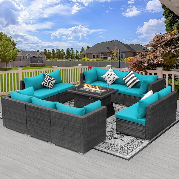 FINCATI Eden Gray 10-Seat 11-Piece Wicker Patio Fire Pit Deep Seating Sofa Set with Teal Blue Cushions and 43 in. Firepit Table