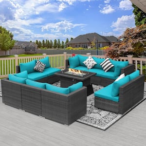 Eden Gray 10-Seat 11-Piece Wicker Patio Fire Pit Deep Seating Sofa Set with Teal Blue Cushions and 43 in. Firepit Table