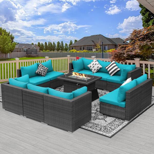 NICESOUL Eden Gray 10-Seat 11-Piece Wicker Patio Fire Pit Deep Seating Sofa Set with Teal Blue Cushions and 43 in. Firepit Table