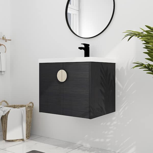 FAMYYT Modern 24 in. W x 18.5 in. D x 21 in. H Single Sink Floating Bath Vanity in Black with White Ceramic Top and Gold Handle