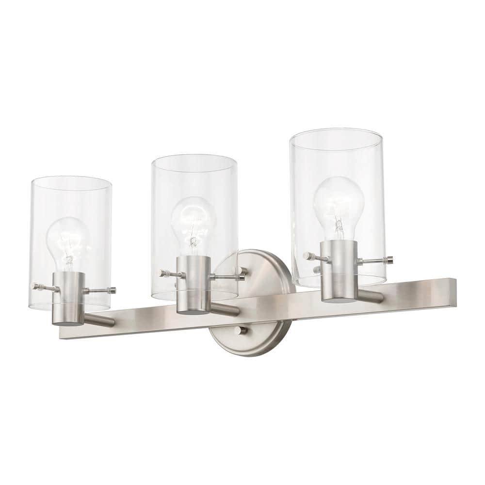 Munich Brushed Nickel 3-Light Vanity with Clear Glass Shades