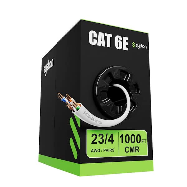 1000 ft. White CMR CAT6E 600 MHz 23 AWG Solid Bare Copper Ethernet Network Data Cable-Bulk No Ends Heat UV Resistance