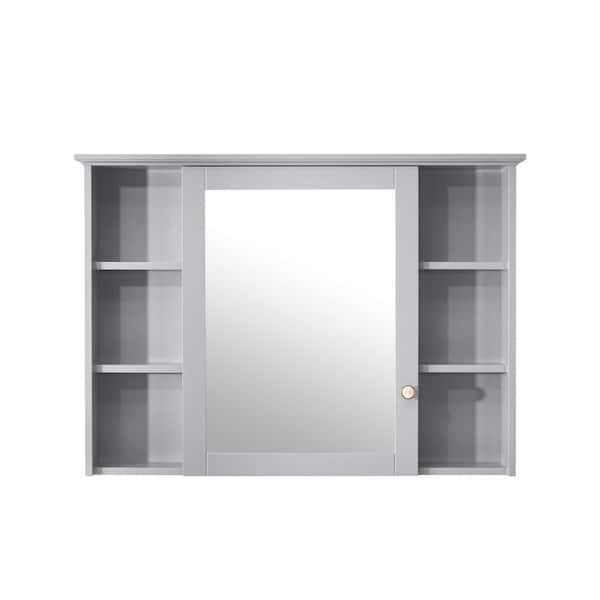 Fully Assembled 42 in. W x 30 in. H Rectangular Solid Wood Medicine Cabinet with Mirror and Open Storage in Gray