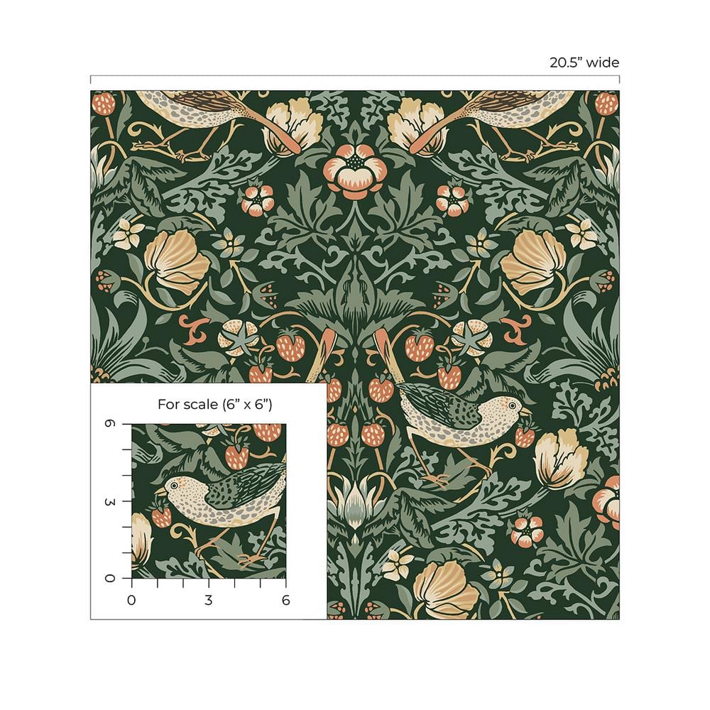 Forest Green Bird and Floral Peel and Stick Wallpaper
