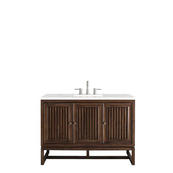 James Martin Vanities Athens 48 in. x 24 in D x 35 in. H Single Bath Vanity in Mid Cent. Acacia with Jasmine Pearl Quartz Top with White Basin
