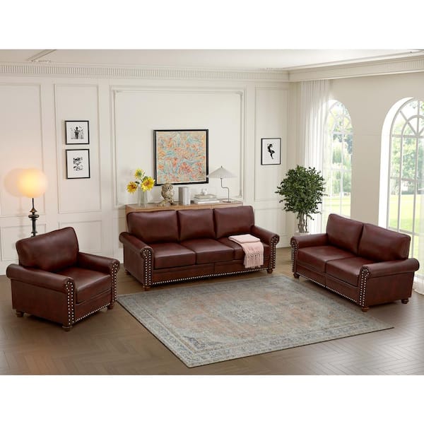 Magic Home Classic Mid Century Brown Pu Leather Living Room Storage Sofa Set Couch With Nails Armrest Chair 2 Seats 3 C9 808857963147 The