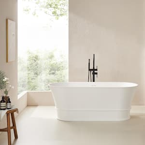 67 in. x 32 in. Freestanding Oval Soaking Stone Resin Bathtub in Matte White with Pure White Overflow and Pop Up Drain