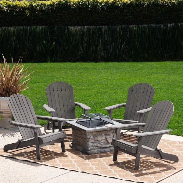 Noble House Maison Dark Grey 5-Piece Wood and Concrete Patio Fire Pit Seating Set