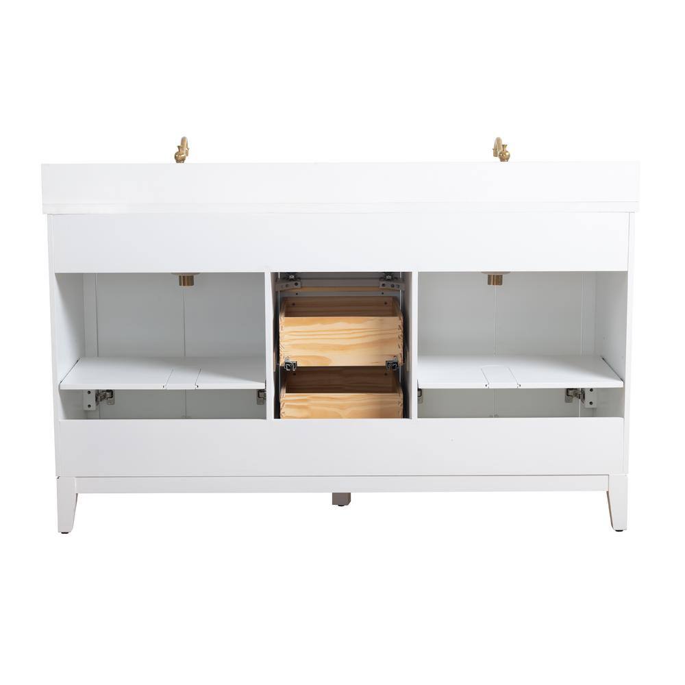 60" White Double Sink Bathroom Vanity with Engineered Marble Top