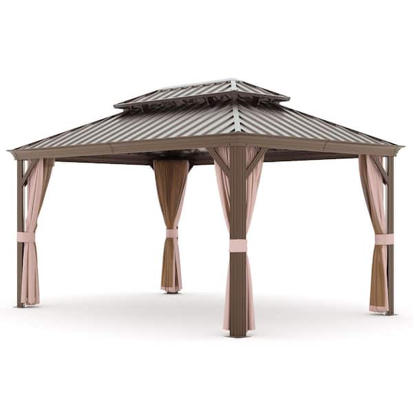 12 ft. x 14 ft. Aluminum Outdoor Gazebo Double Galvanized Steel Roof With Ceiling Hook, Mosquito Netting and Curtains