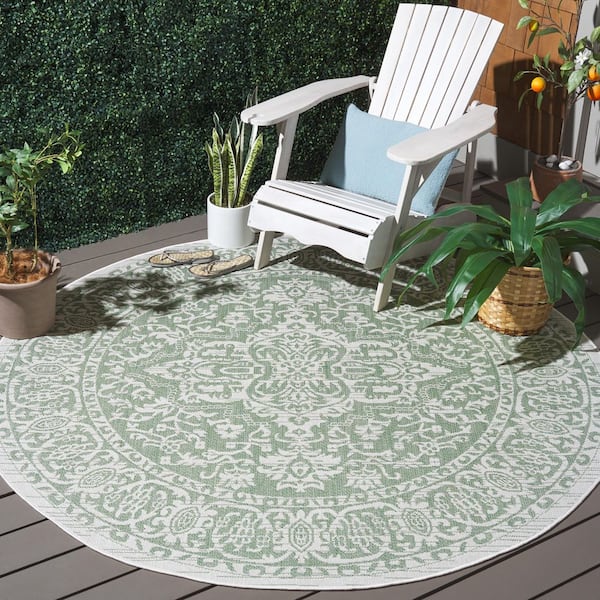 Bermuda Green/Ivory 7 ft. x 7 ft. Border Medallion Ornate Round Indoor/Outdoor Area Rug