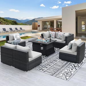 7-Piece Gray Wicker Patio Conversation Set Deep Sectional Seating Set with Light Gray Cushions and Fire Pit Table