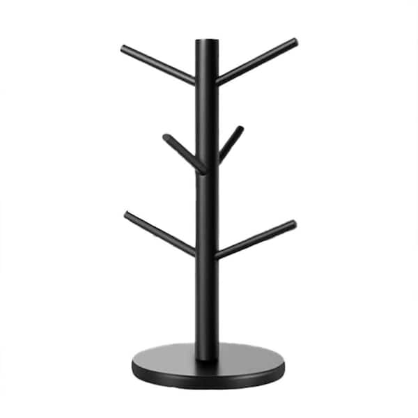 Coffee Cup Holder 6-Hook Black Wood Mug Tree Thicker Stable Base Non-Slip Organizer for Countertop Storage