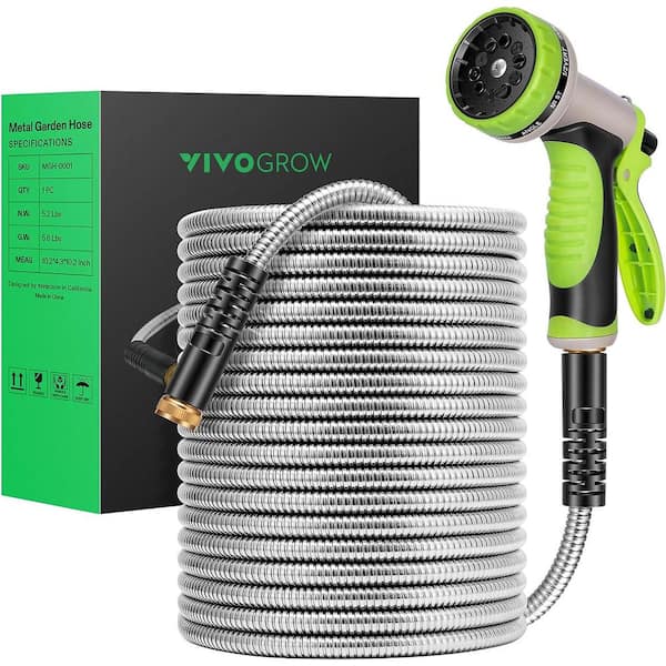VIVOGROW 0.4 in. Dia. x 50 ft. Stainless Steel Water Hose with Brass Fittings and 10 Function Nozzle