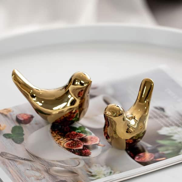 Gold Colored Set of 3, 4 in. x 3 in. Bird Ceramic Sculptures, Color Gold