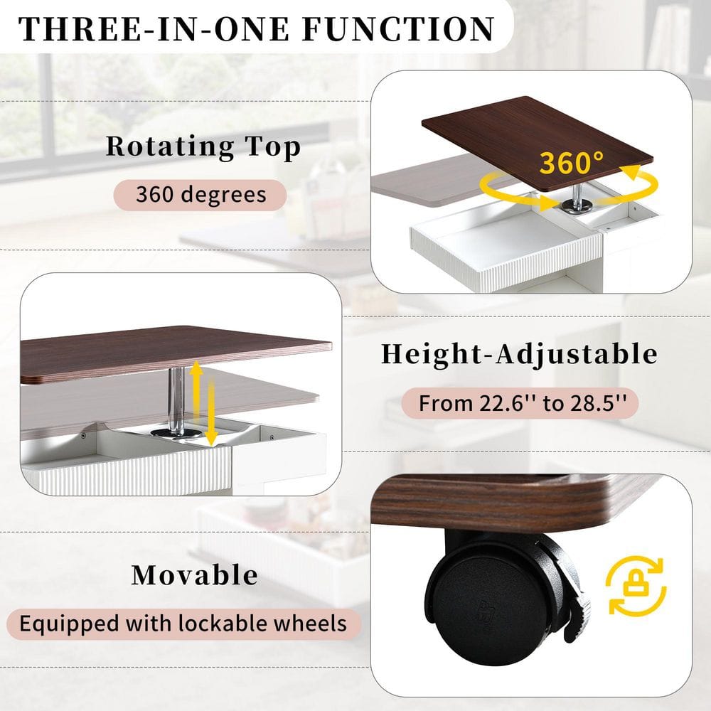 29.5 in. White Rectangle MDF Lift Top End Table, Side Table with 360° Rotating Tabletop Storage & Lockable Caster - thumbnail 9