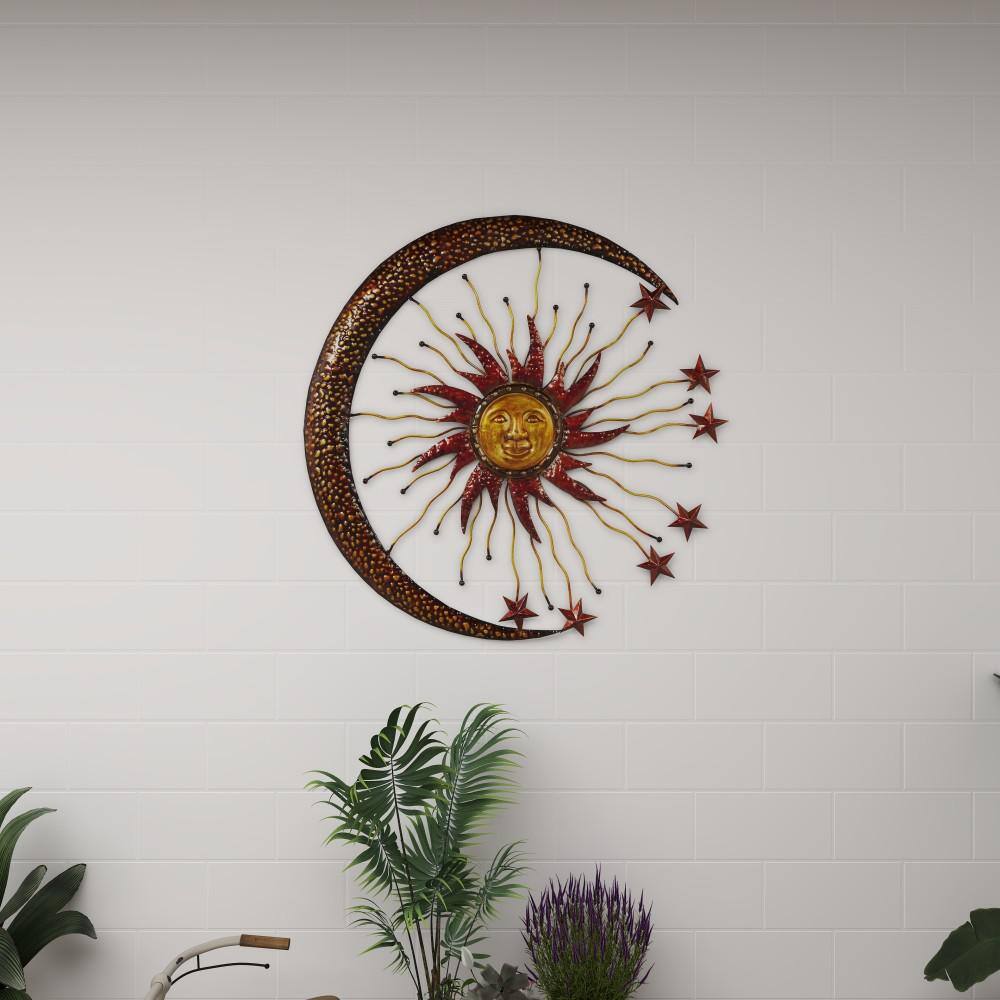 Copper and Red Metal Sun Moon Starburst Wall Sculpture