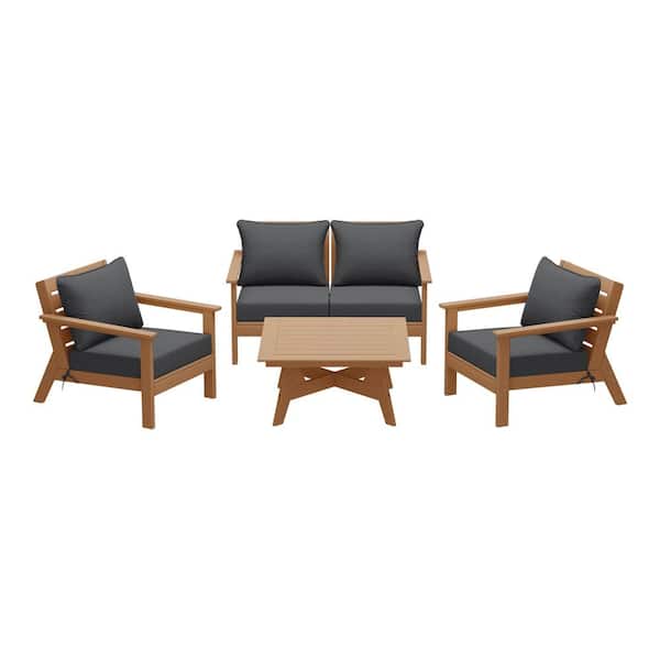 WESTIN OUTDOOR Birchwood Teak Arrangeable 5-Piece Outdoor Patio HDPE Deep Seating Conversation Lounge Set w/ Gray Cushions