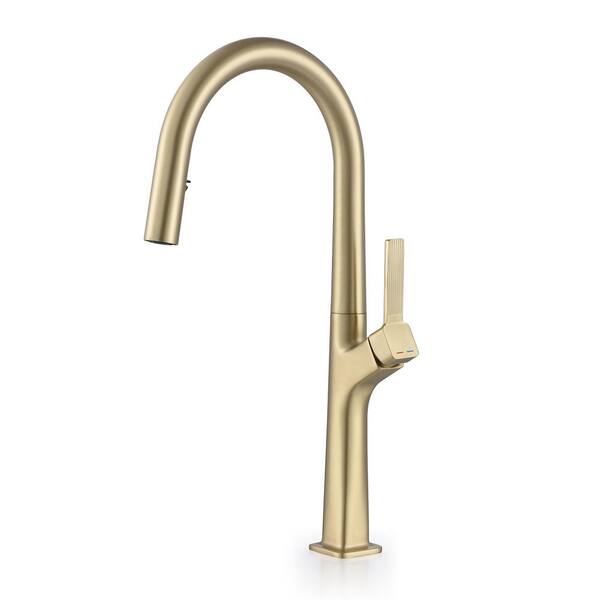1-Handle 1-Hole 18 in. H Pull Down Sprayer Kitchen Faucet 2-Spray Sink Faucet in Brushed Gold