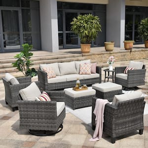 Neptune Gray 8-Piece Wicker Patio Conversation Seating Sofa Set with Beige Cushions and Swivel Rocking Chairs