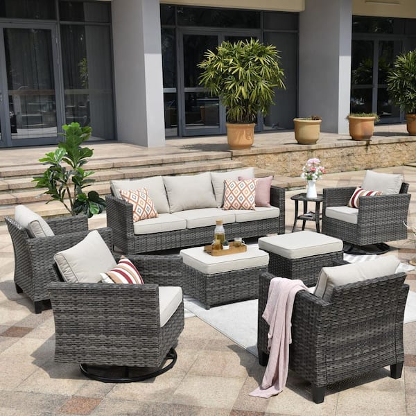 XIZZI Neptune Gray 8-Piece Wicker Patio Conversation Seating Sofa Set with Beige Cushions and Swivel Rocking Chairs