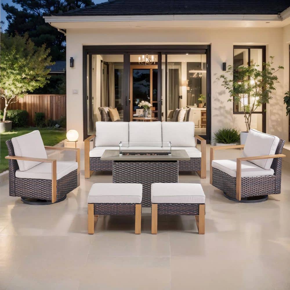 CubeEdge 6-Piece Brown Wicker Fire Pit Conversation Set with Olefin Beige Cushions and Couch/ Patio Swivel Chairs price history on PriceWatchPro