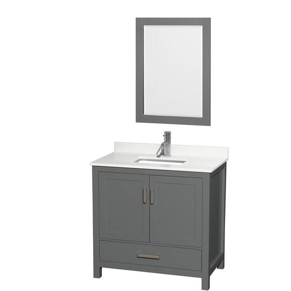 Wyndham Collection Sheffield 36 in. W x 22 in. D x 35 in. H Single Bath Vanity in Dark Gray with White Quartz Top and 24 in. Mirror