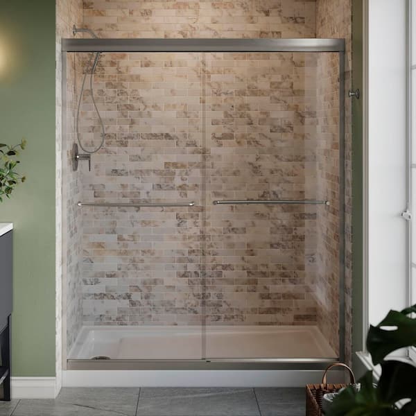 KOHLER Lively 57-60 in. W x 70 in. H Frameless Sliding Shower Door in Brushed Nickel with 1/4 in. Thick Crystal Clear Glass