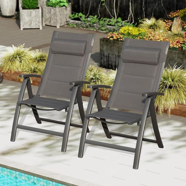 Patio Folding Chairs Padded Textilene Fabric Seat (Set-2)