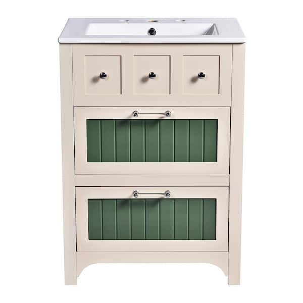 Boosicavelly 24 in. W x 18 in. D x 34 in. H Single Sink Freestanding Bath Vanity in Green with White Ceramic Top